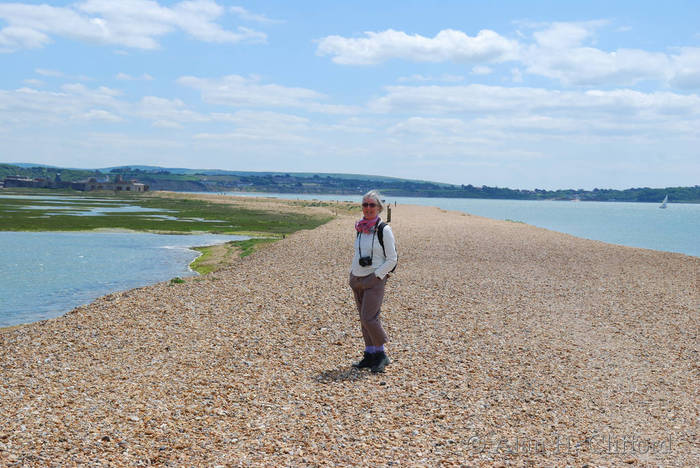 Margaret on the shingle spit near Hurst Point