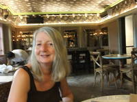 Margaret in a restaurant at the Khan Market