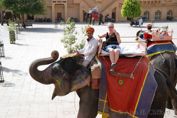 Margaret on an elephant at Amber Fort, Jaipur