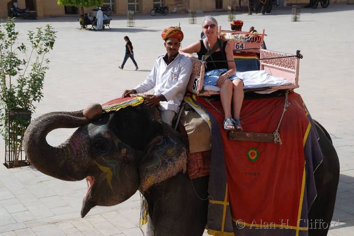 Margaret on an elephant at Amber Fort, Jaipur