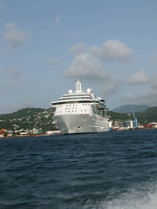 A cruise ship leaving Port Castries