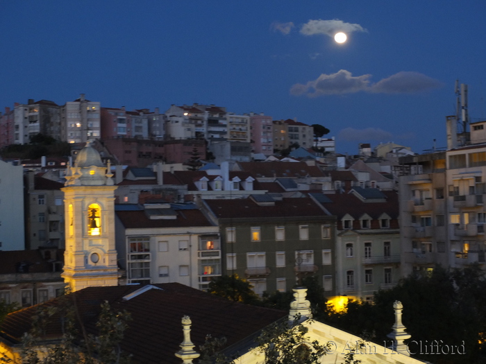 View at night over Anjos church from Lisbon City hotel